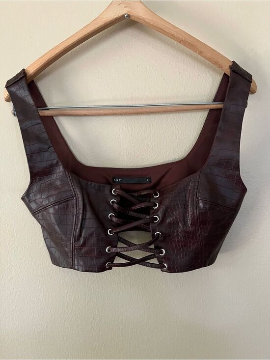 Salty Tops - Faux Leather Croc-Embossed Lace-Up Dark Brown Crop Corset Top Size S